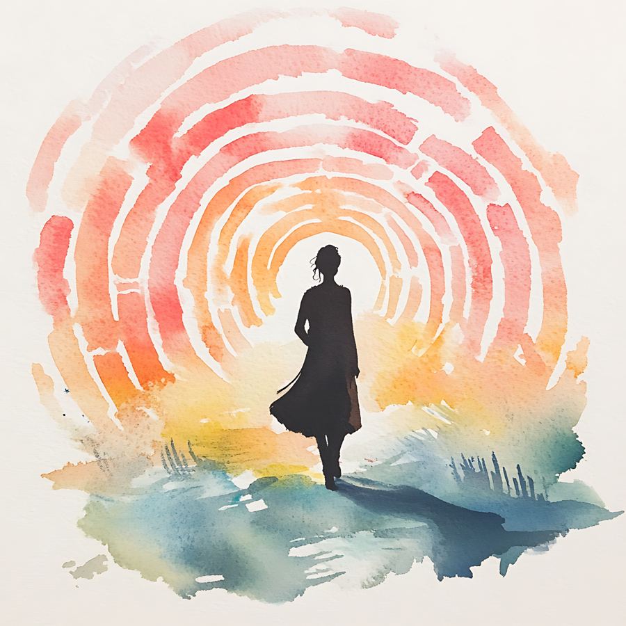 Acuarela de una mujer caminando por un túnel circular de colores